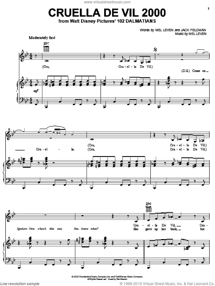 Cruella De Vil 2000 sheet music for voice, piano or guitar by Camara Kambon, Jack Feldman and Mel Leven, intermediate skill level