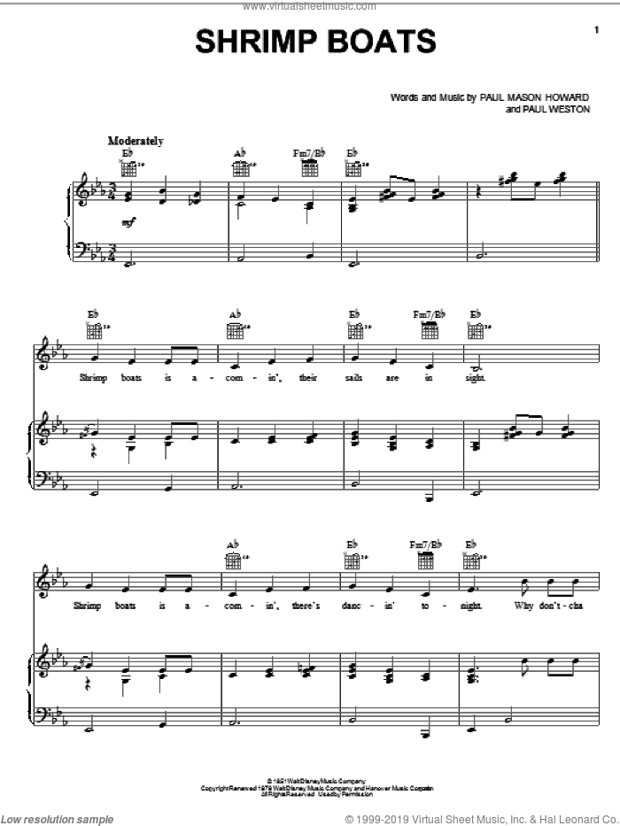 Shrimp Boats sheet music for voice, piano or guitar by Jo Stafford, Paul Mason Howard and Paul Weston, intermediate skill level