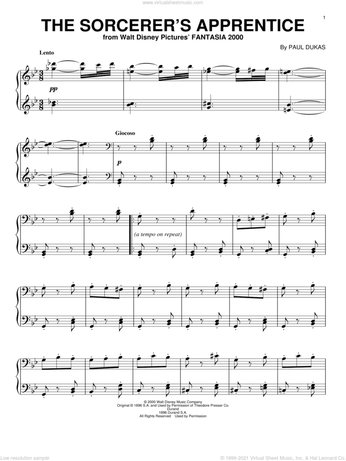 The Sorcerer's Apprentice sheet music for piano solo by Paul Dukas, classical score, intermediate skill level