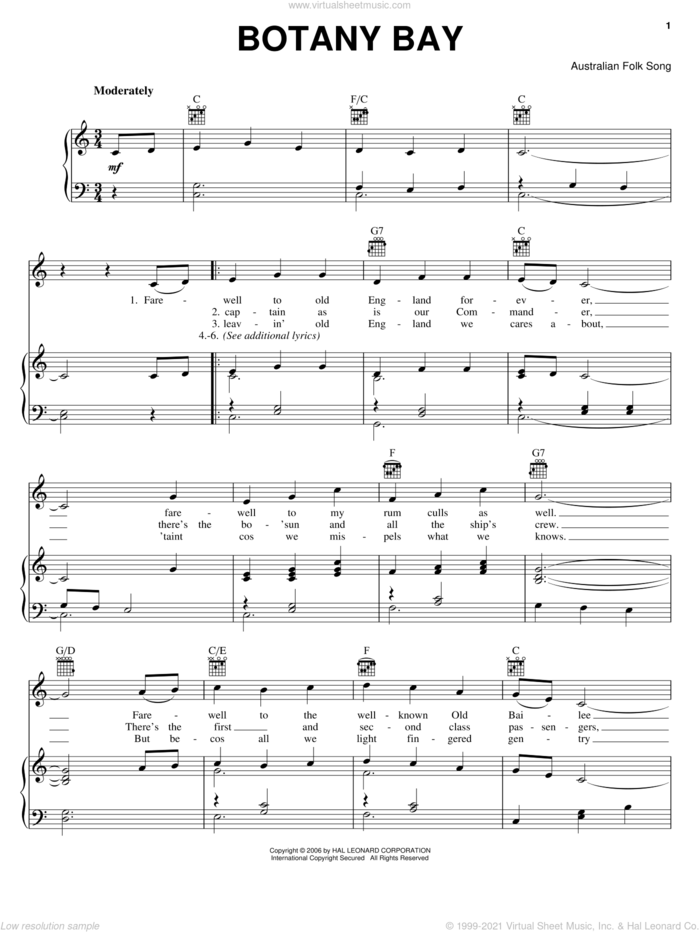 Botany Bay sheet music for voice, piano or guitar, intermediate skill level