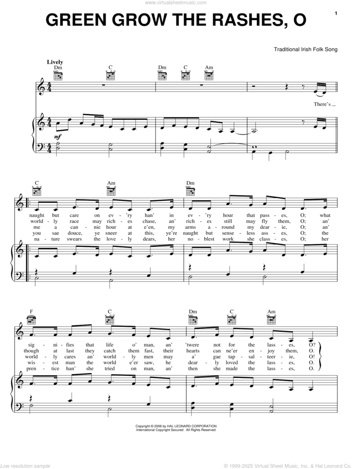 Green Grow The Rashes-O sheet music for voice, piano or guitar by Robert Burns and Miscellaneous, intermediate skill level
