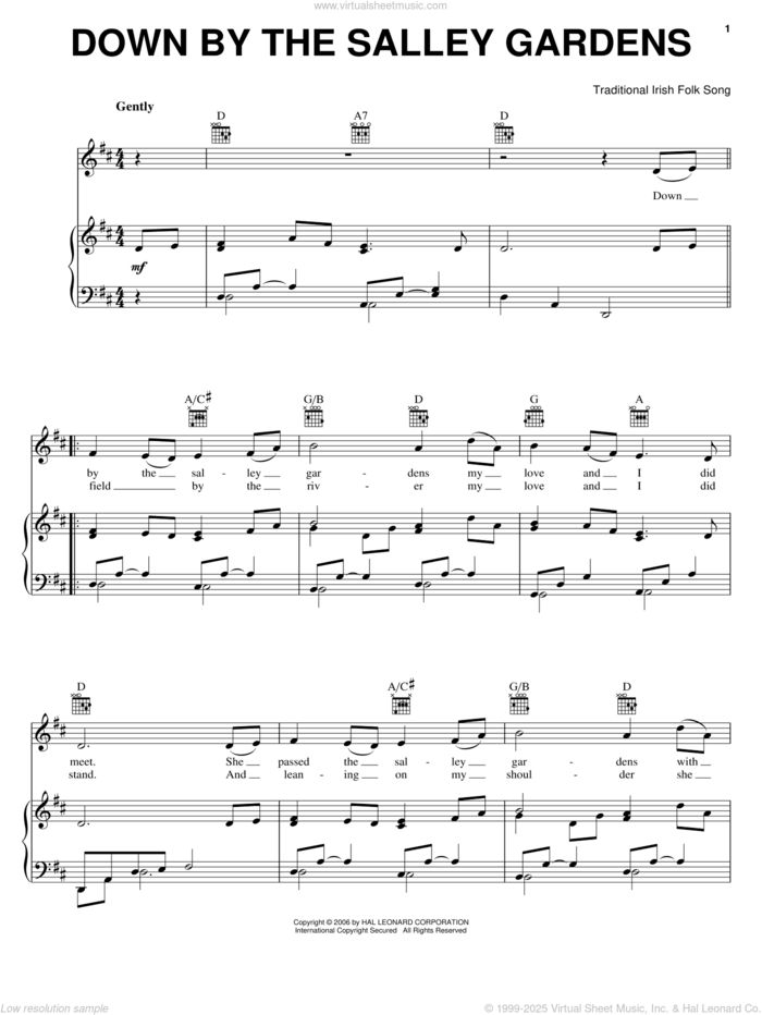 Down By The Sally Gardens sheet music for voice, piano or guitar, classical score, intermediate skill level