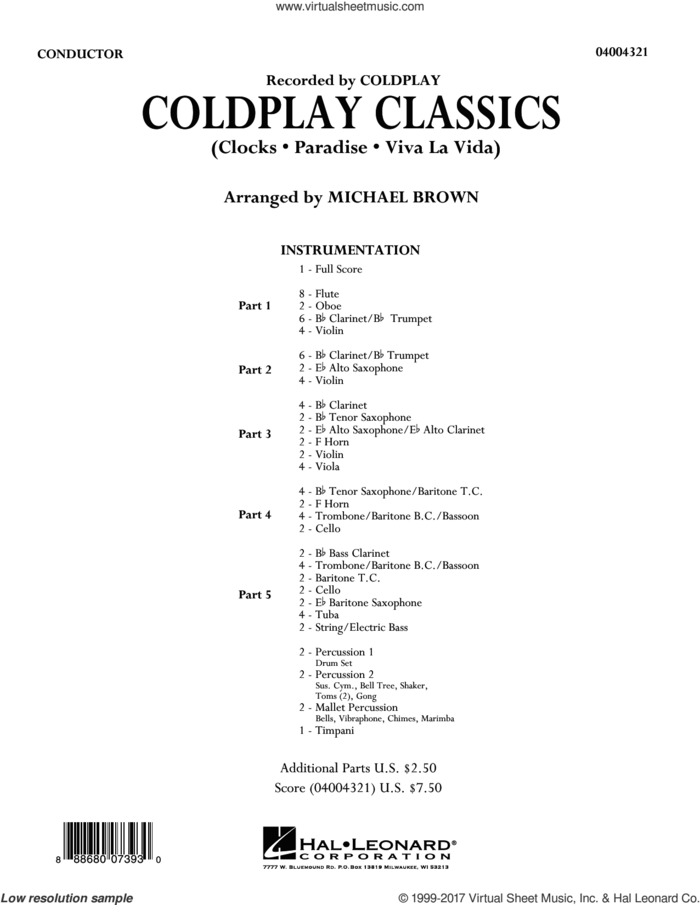 Coldplay Classics (COMPLETE) sheet music for concert band by Coldplay and Michael Brown, intermediate skill level