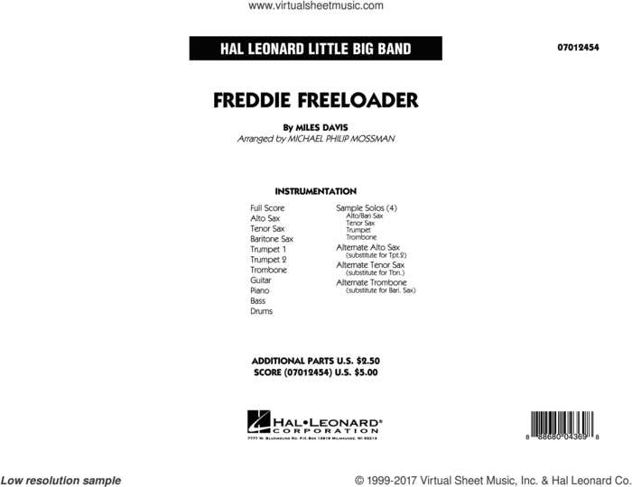 Freddie Freeloader (COMPLETE) sheet music for jazz band by Miles Davis and Michael Philip Mossman, intermediate skill level