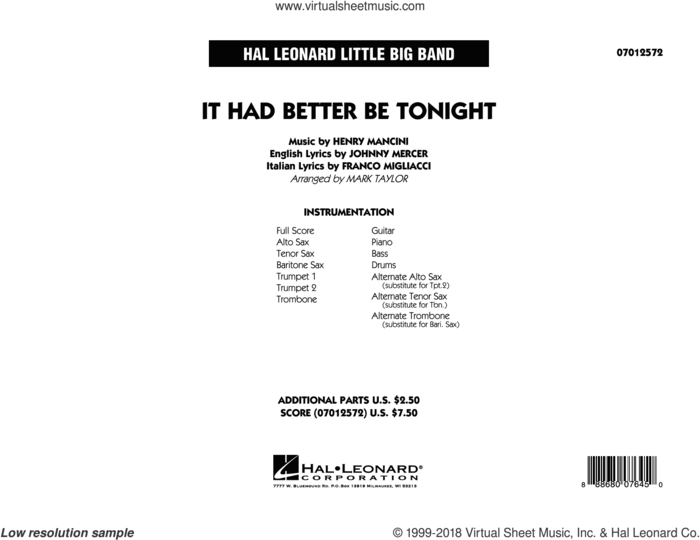 It Had Better Be Tonight (COMPLETE) sheet music for jazz band by Johnny Mercer, Franco Migliacci, Henry Mancini, Mark Taylor and Michael Buble, intermediate skill level