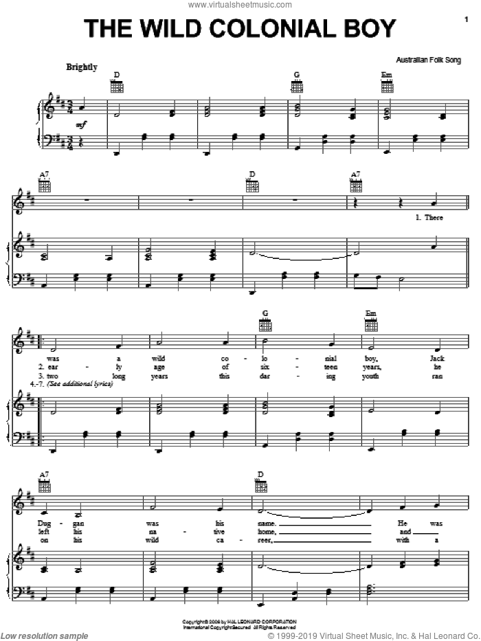 The Wild Colonial Boy sheet music for voice, piano or guitar, intermediate skill level