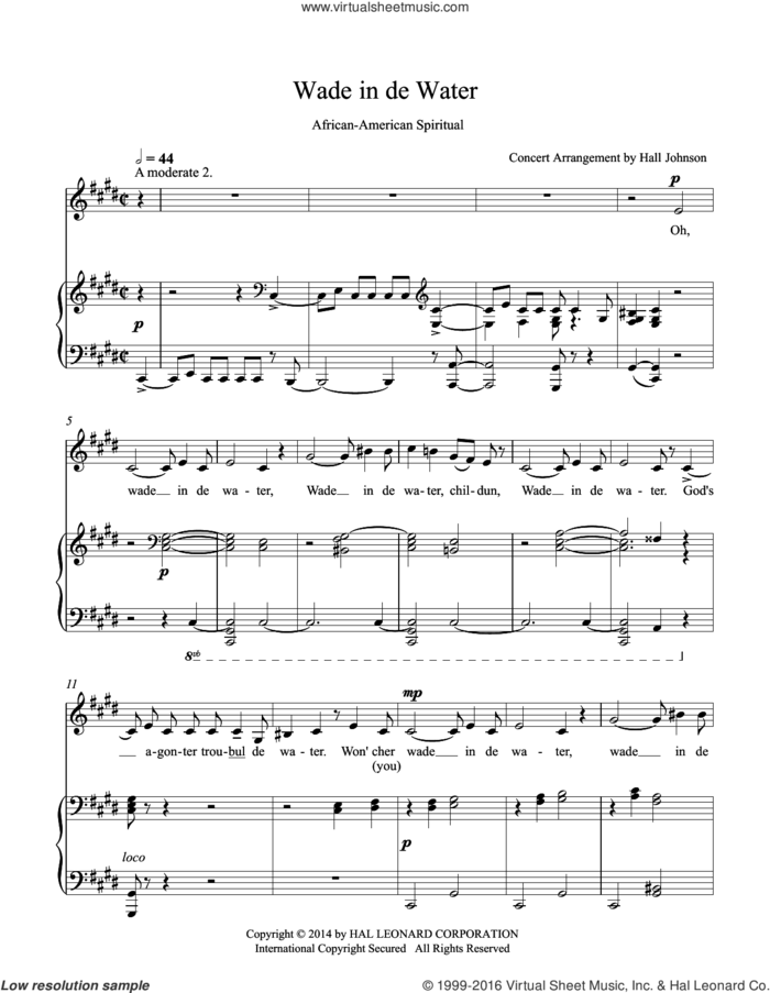 Wade in de Water (C-sharp minor) sheet music for voice and piano by Hall Johnson, classical score, intermediate skill level