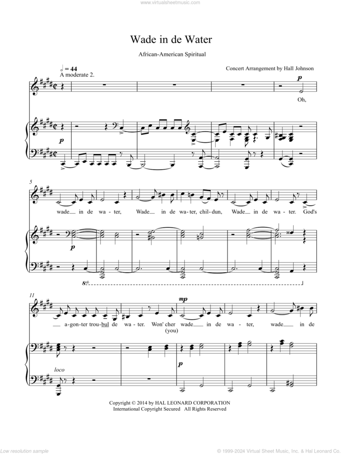 Wade in de Water (C-sharp minor) sheet music for voice and piano by Hall Johnson, classical score, intermediate skill level