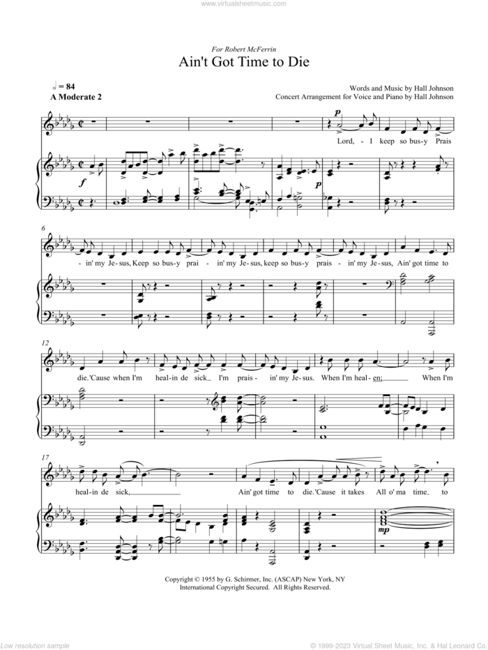 Ain't Got Time to Die (D-flat) sheet music for voice and piano by Hall Johnson, classical score, intermediate skill level