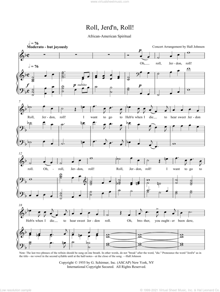 Roll, Jordan Roll (F) sheet music for voice and piano by Hall Johnson, classical score, intermediate skill level