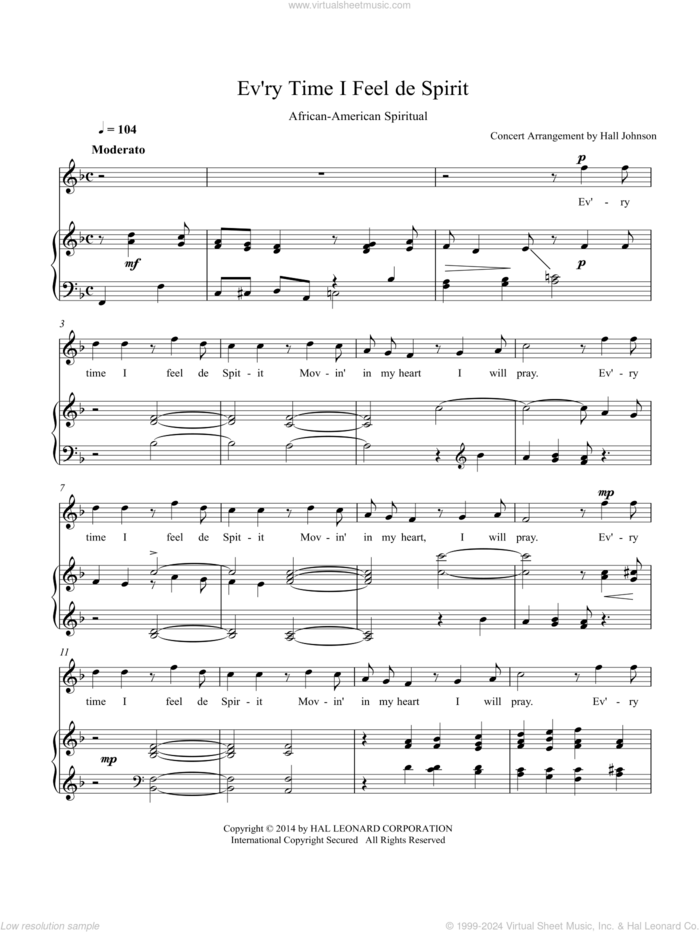 Ev'ry Time I Feel de Spirit (F) sheet music for voice and piano by Hall Johnson, classical score, intermediate skill level