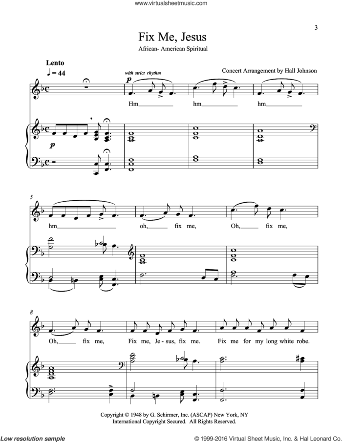Fix Me, Jesus (F) sheet music for voice and piano by Hall Johnson, classical score, intermediate skill level
