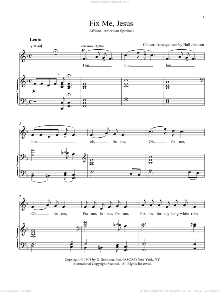 Fix Me, Jesus (F) sheet music for voice and piano by Hall Johnson, classical score, intermediate skill level