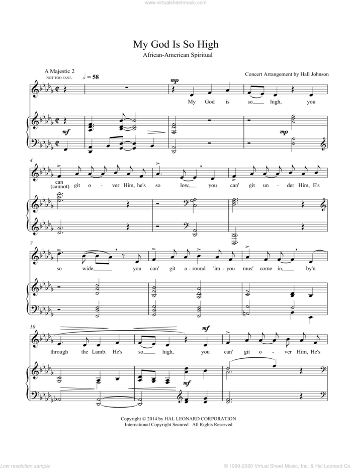 My God Is So High (D-flat) sheet music for voice and piano by Hall Johnson, classical score, intermediate skill level