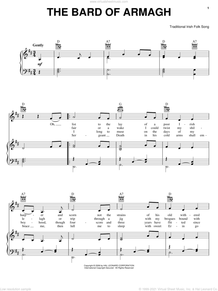 The Bard Of Armagh sheet music for voice, piano or guitar, intermediate skill level