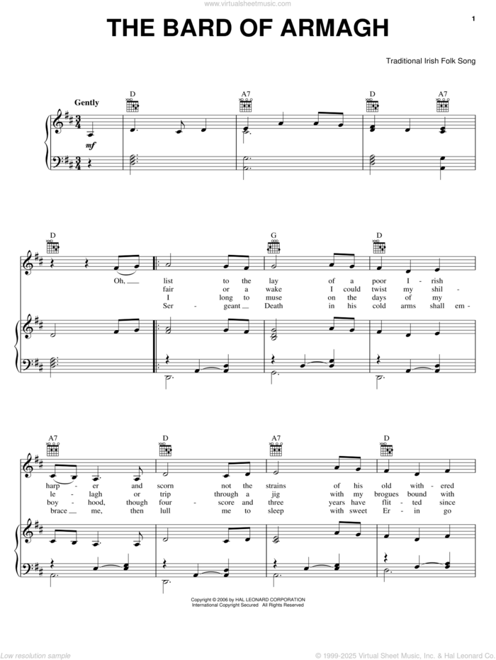 The Bard Of Armagh sheet music for voice, piano or guitar, intermediate skill level