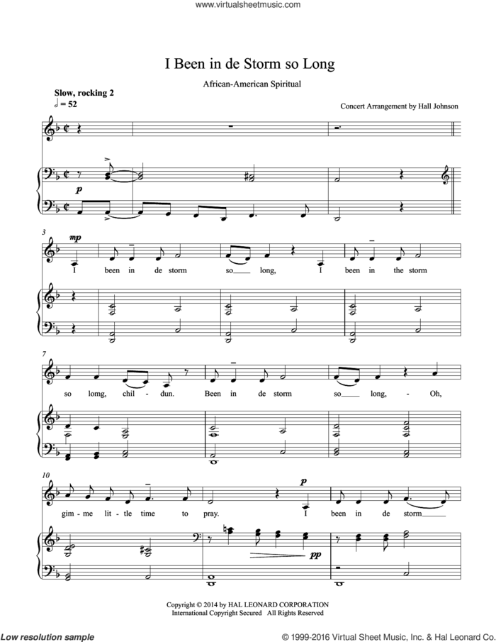 I Been in de Storm So Long (D minor) sheet music for voice and piano by Hall Johnson, classical score, intermediate skill level