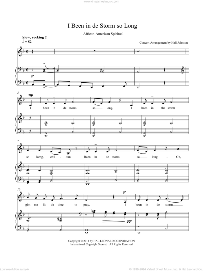 I Been in de Storm So Long (D minor) sheet music for voice and piano by Hall Johnson, classical score, intermediate skill level