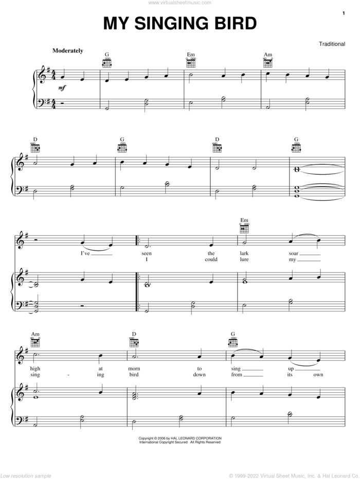 My Singing Bird sheet music for voice, piano or guitar, intermediate skill level
