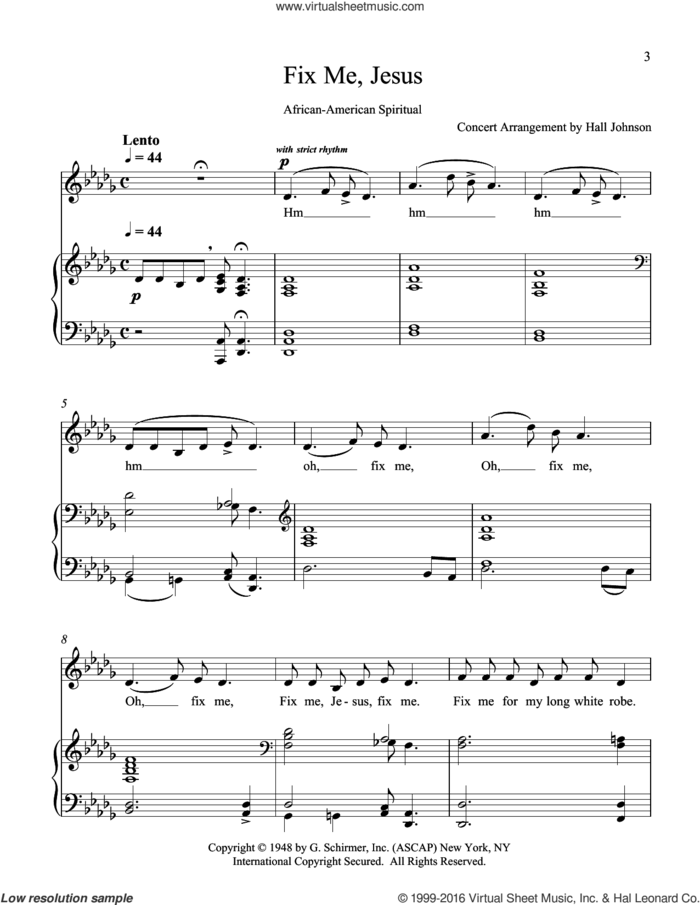 Fix Me, Jesus (D-flat) sheet music for voice and piano by Hall Johnson, classical score, intermediate skill level