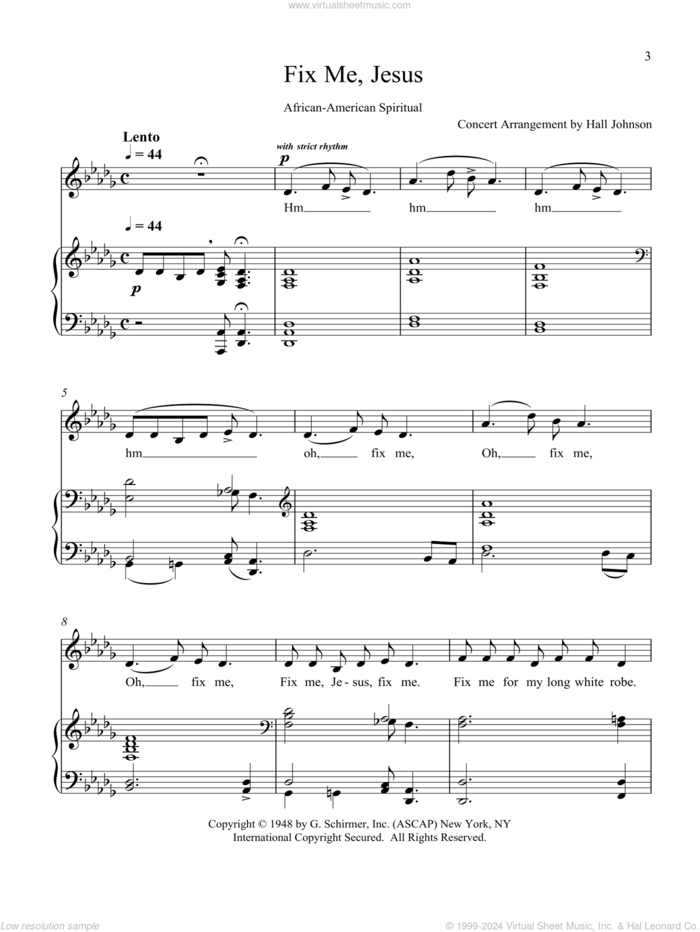 Fix Me, Jesus (D-flat) sheet music for voice and piano by Hall Johnson, classical score, intermediate skill level