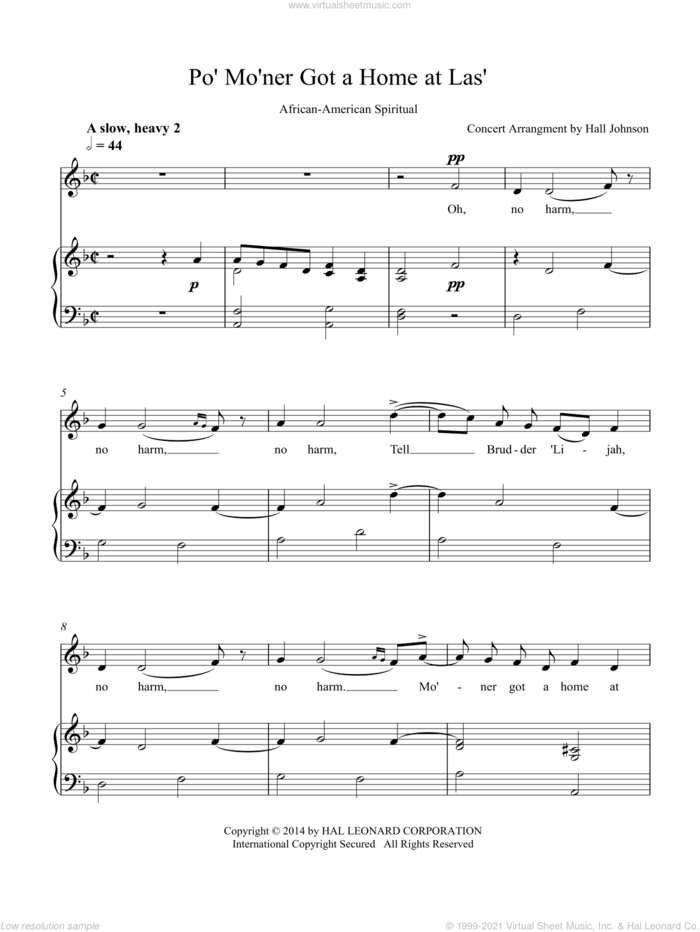 Po' Mo'ner Got a Home at Las' (D minor) sheet music for voice and piano by Hall Johnson, classical score, intermediate skill level