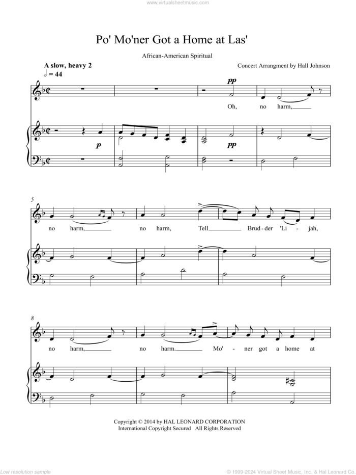 Po' Mo'ner Got a Home at Las' (D minor) sheet music for voice and piano by Hall Johnson, classical score, intermediate skill level