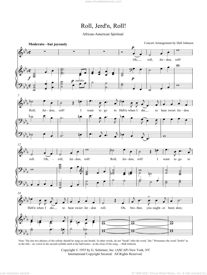 Roll, Jordan Roll (E-flat) sheet music for voice and piano by Hall Johnson, classical score, intermediate skill level