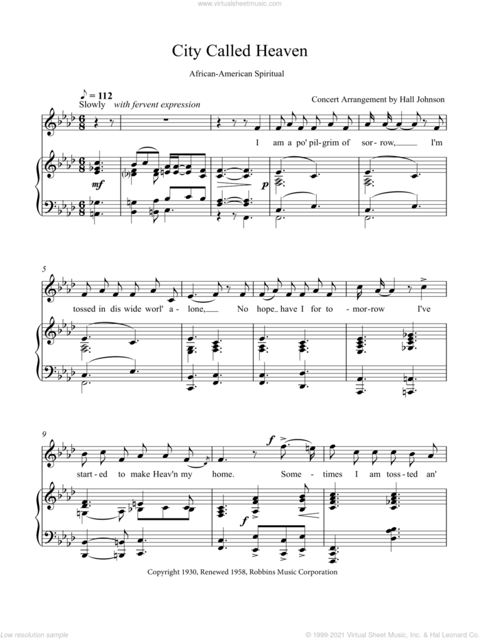 City Called Heaven (F minor) sheet music for voice and piano by Hall Johnson, classical score, intermediate skill level