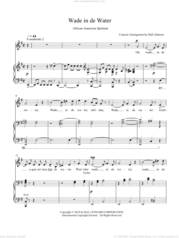 Wade in de Water (E minor) sheet music for voice and piano by Hall Johnson, classical score, intermediate skill level
