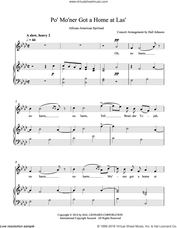Po' Mo'ner Got a Home at Las' (F minor) sheet music for voice and piano by Hall Johnson, classical score, intermediate skill level