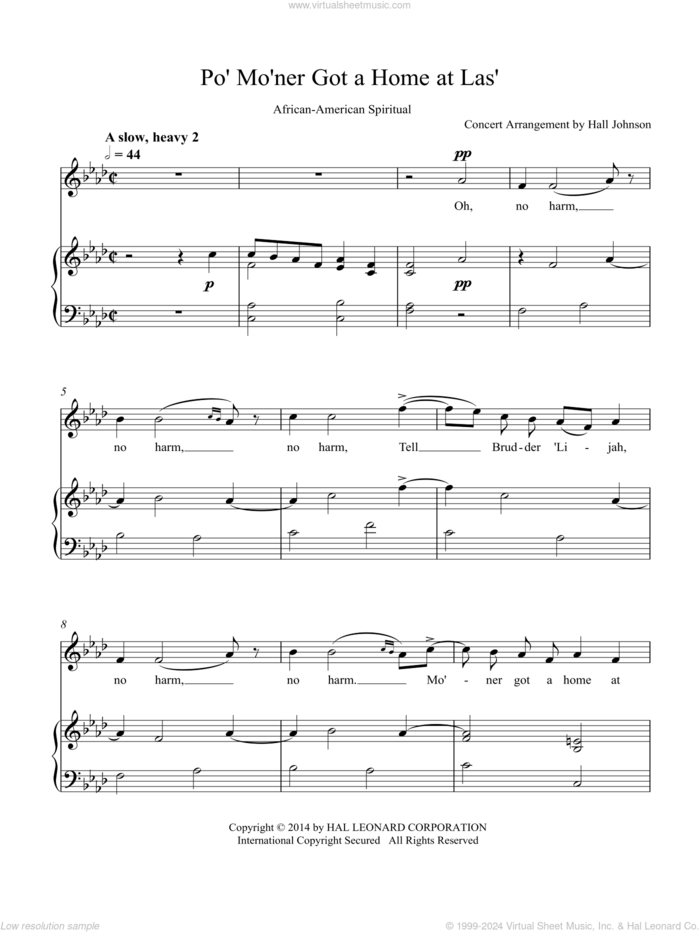 Po' Mo'ner Got a Home at Las' (F minor) sheet music for voice and piano by Hall Johnson, classical score, intermediate skill level