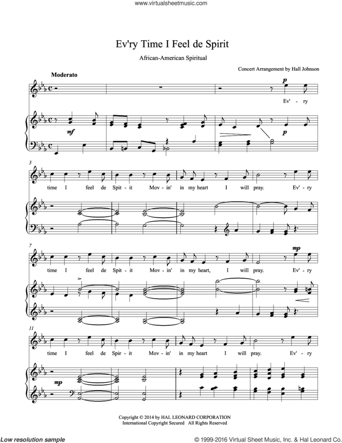 Ev'ry Time I Feel de Spirit (E-flat) sheet music for voice and piano by Hall Johnson, classical score, intermediate skill level