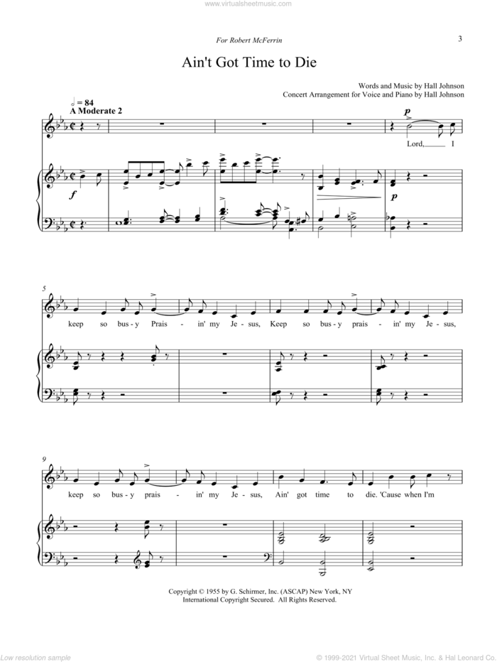 Ain't Got Time to Die (E-flat) sheet music for voice and piano by Hall Johnson, classical score, intermediate skill level