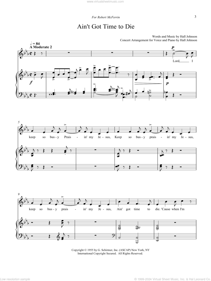 Ain't Got Time to Die (E-flat) sheet music for voice and piano by Hall Johnson, classical score, intermediate skill level