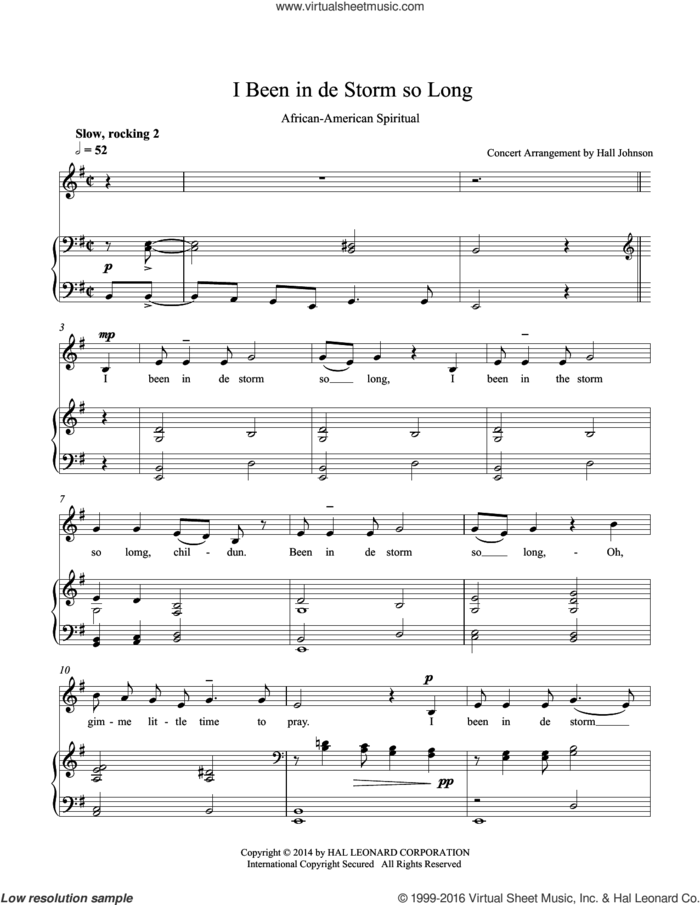 I Been in de Storm So Long (E minor) sheet music for voice and piano by Hall Johnson, classical score, intermediate skill level