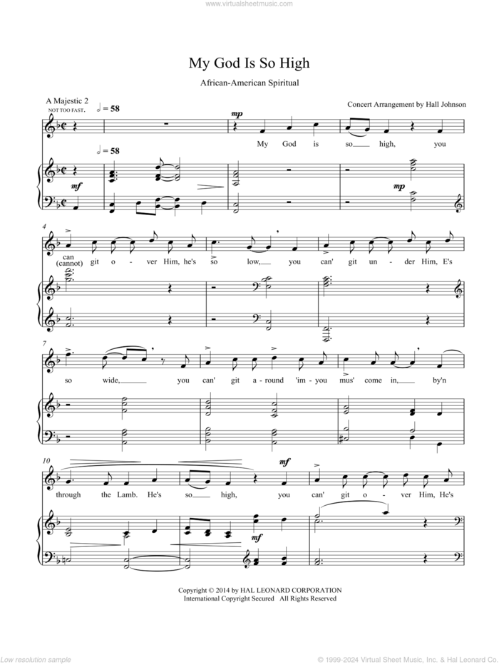 My God Is So High (F) sheet music for voice and piano by Hall Johnson, classical score, intermediate skill level