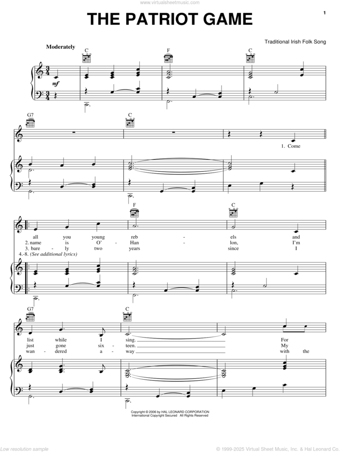 The Patriot Game sheet music for voice, piano or guitar, intermediate skill level