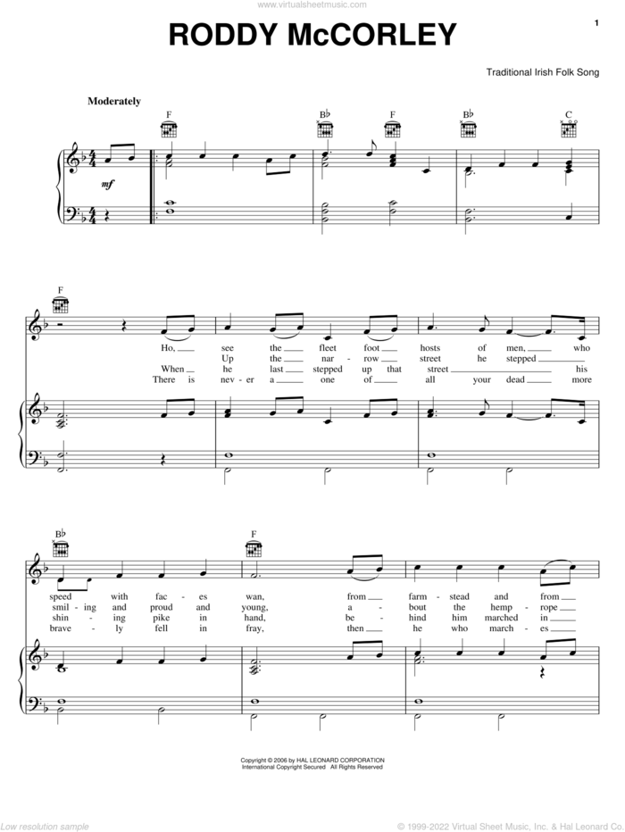 Roddy McCorley sheet music for voice, piano or guitar, intermediate skill level