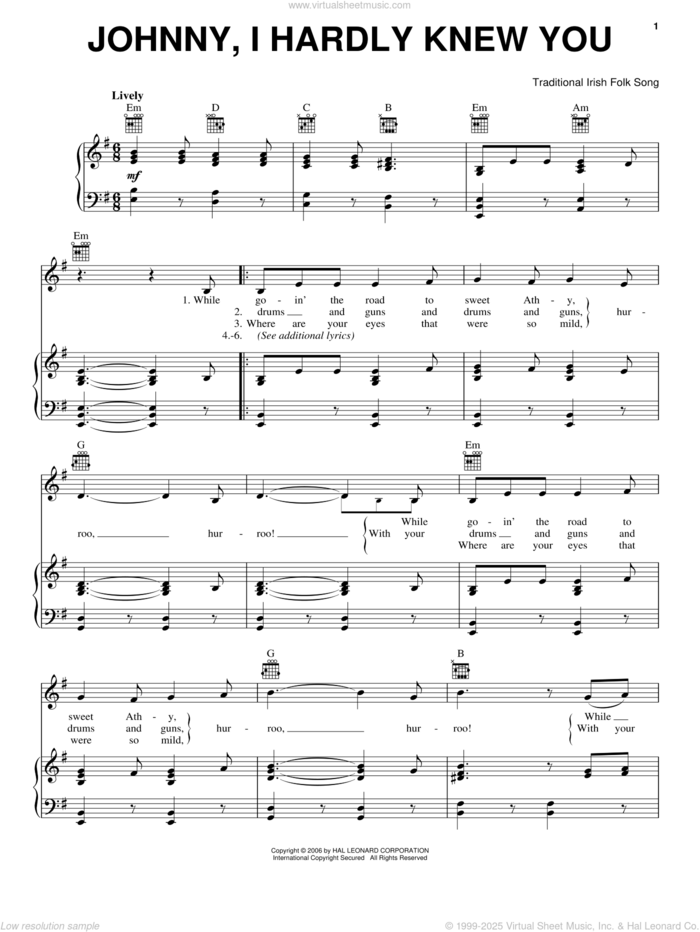 Johnny, I Hardly Knew You sheet music for voice, piano or guitar, intermediate skill level