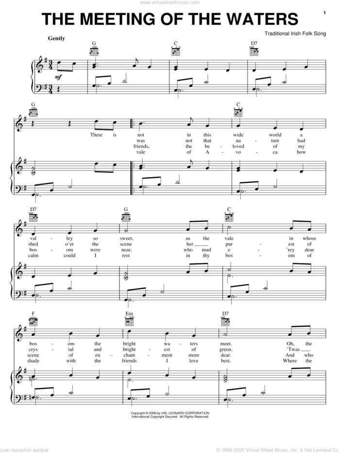 The Meeting Of The Waters sheet music for voice, piano or guitar, intermediate skill level