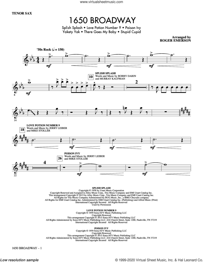 1650 Broadway (Medley) sheet music for orchestra/band (tenor sax) by Mike Stoller, Roger Emerson, The Searchers and Jerry Leiber, intermediate skill level