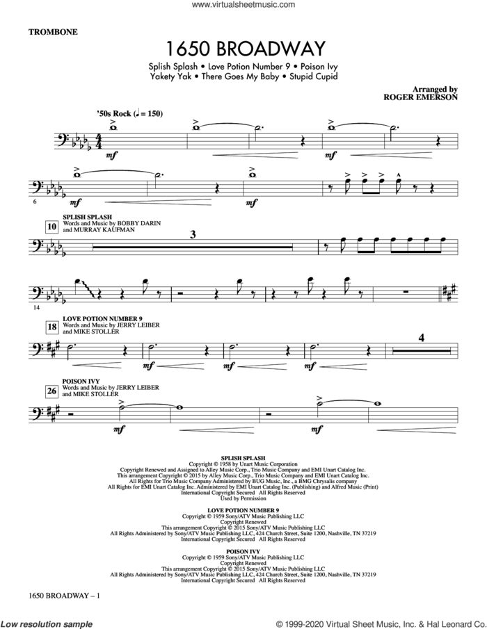 1650 Broadway (Medley) sheet music for orchestra/band (trombone) by Mike Stoller, Roger Emerson, The Searchers and Jerry Leiber, intermediate skill level
