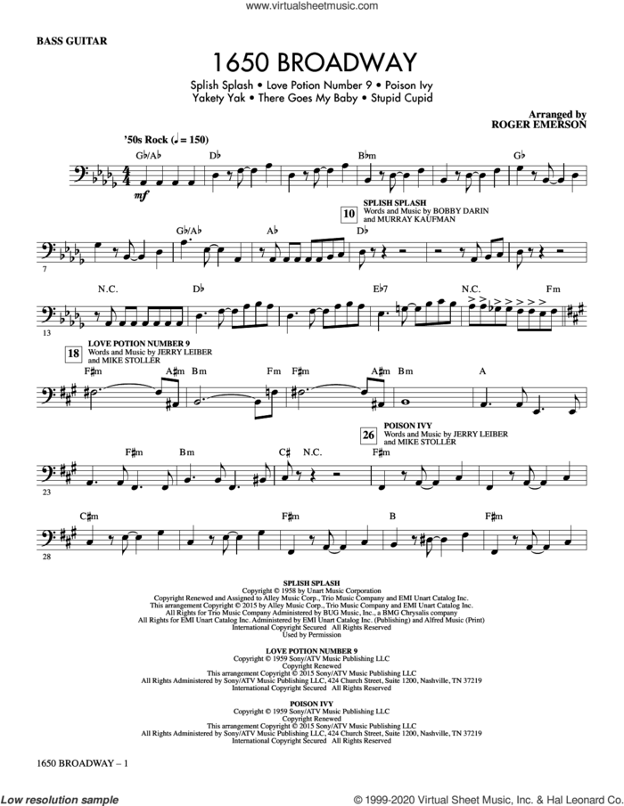 1650 Broadway (Medley) sheet music for orchestra/band (bass) by Mike Stoller, Roger Emerson, The Searchers and Jerry Leiber, intermediate skill level