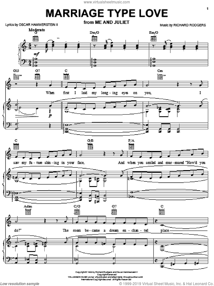 Marriage Type Love sheet music for voice, piano or guitar by Rodgers & Hammerstein, Me And Juliet (Musical), Oscar II Hammerstein and Richard Rodgers, intermediate skill level