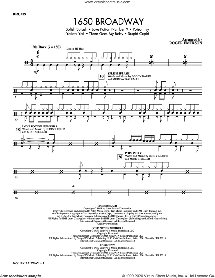 1650 Broadway (Medley) sheet music for orchestra/band (drums) by Mike Stoller, Roger Emerson, The Searchers and Jerry Leiber, intermediate skill level