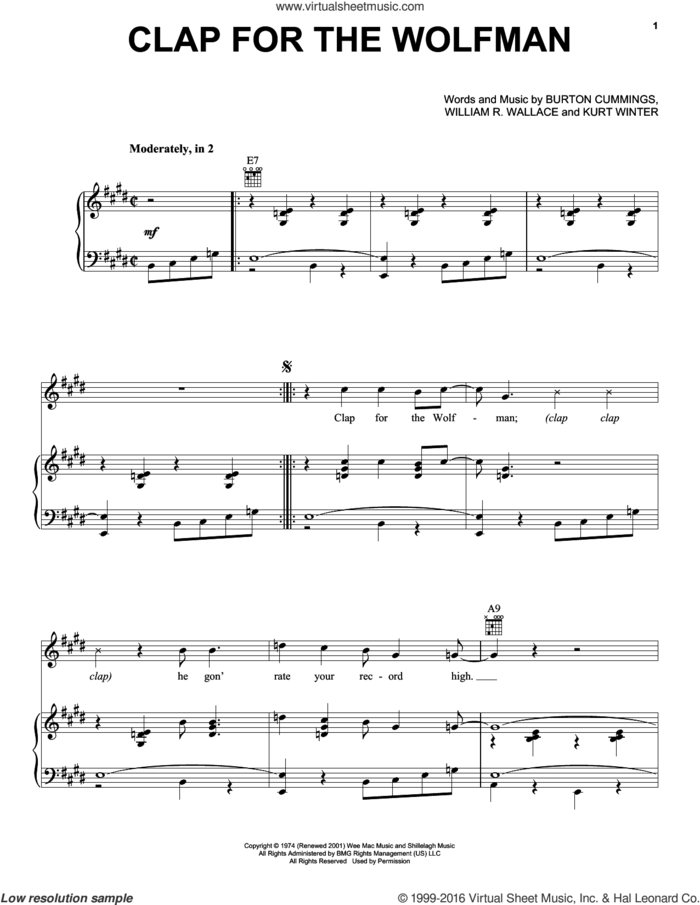 Clap For The Wolfman sheet music for voice, piano or guitar by The Guess Who, Burton Cummings, Kurt Winter and William R. Wallace, intermediate skill level