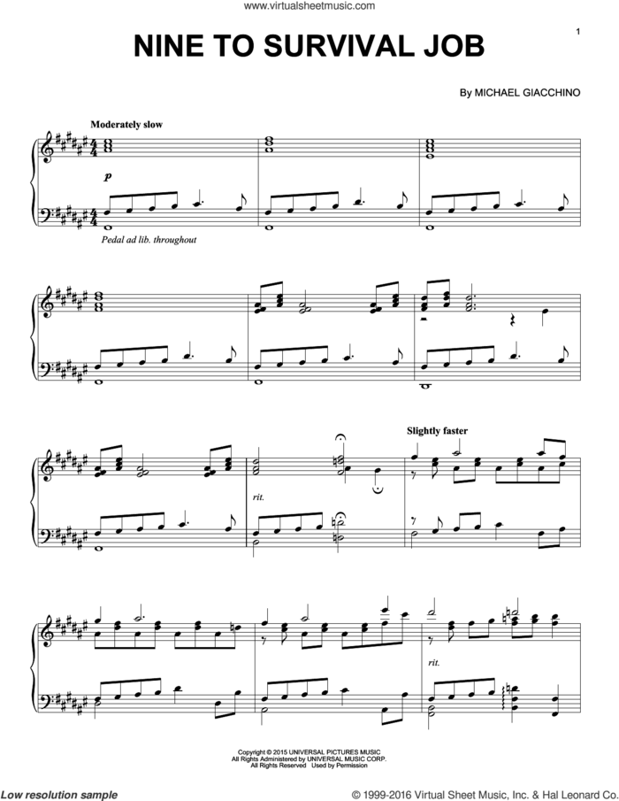 Nine To Survival Job from Jurassic World sheet music for piano solo by Michael Giacchino, classical score, intermediate skill level