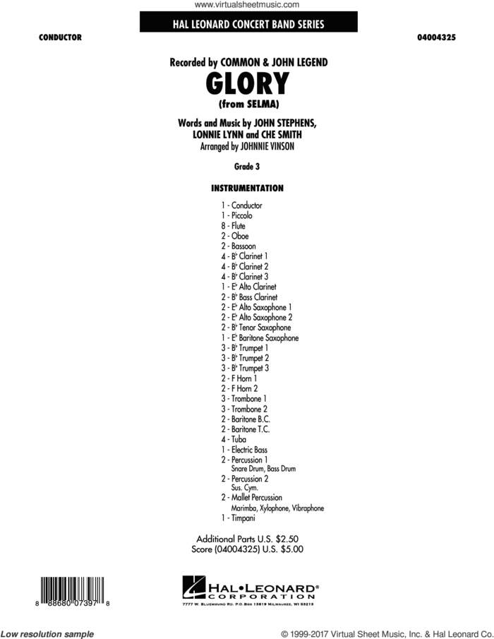 Glory (from Selma) (COMPLETE) sheet music for concert band by Johnnie Vinson, Che Smith, Common & John Legend, John Stephens and Lonnie Lynn, intermediate skill level