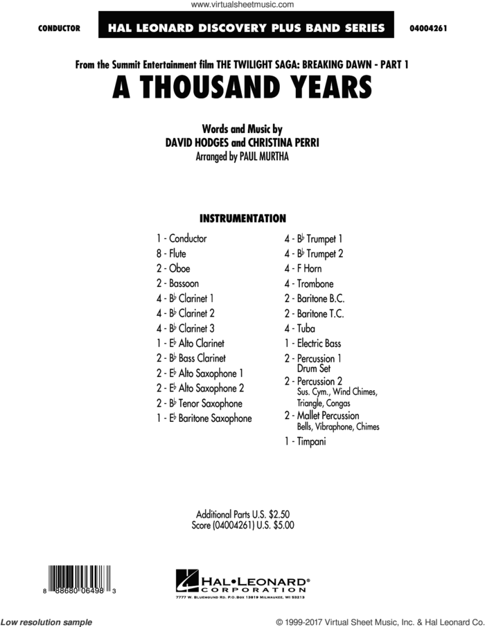 A Thousand Years (from The Twilight Saga: Breaking Dawn, Part 1) (COMPLETE) sheet music for concert band by Paul Murtha, Christina Perri and David Hodges, wedding score, intermediate skill level